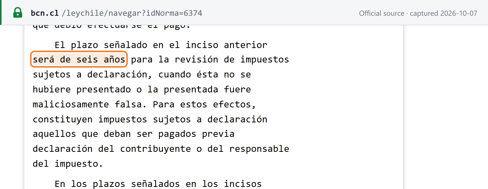 Source snapshot — Código Tributario art. 200: the review period becomes six years where a required return was not filed or was maliciously false