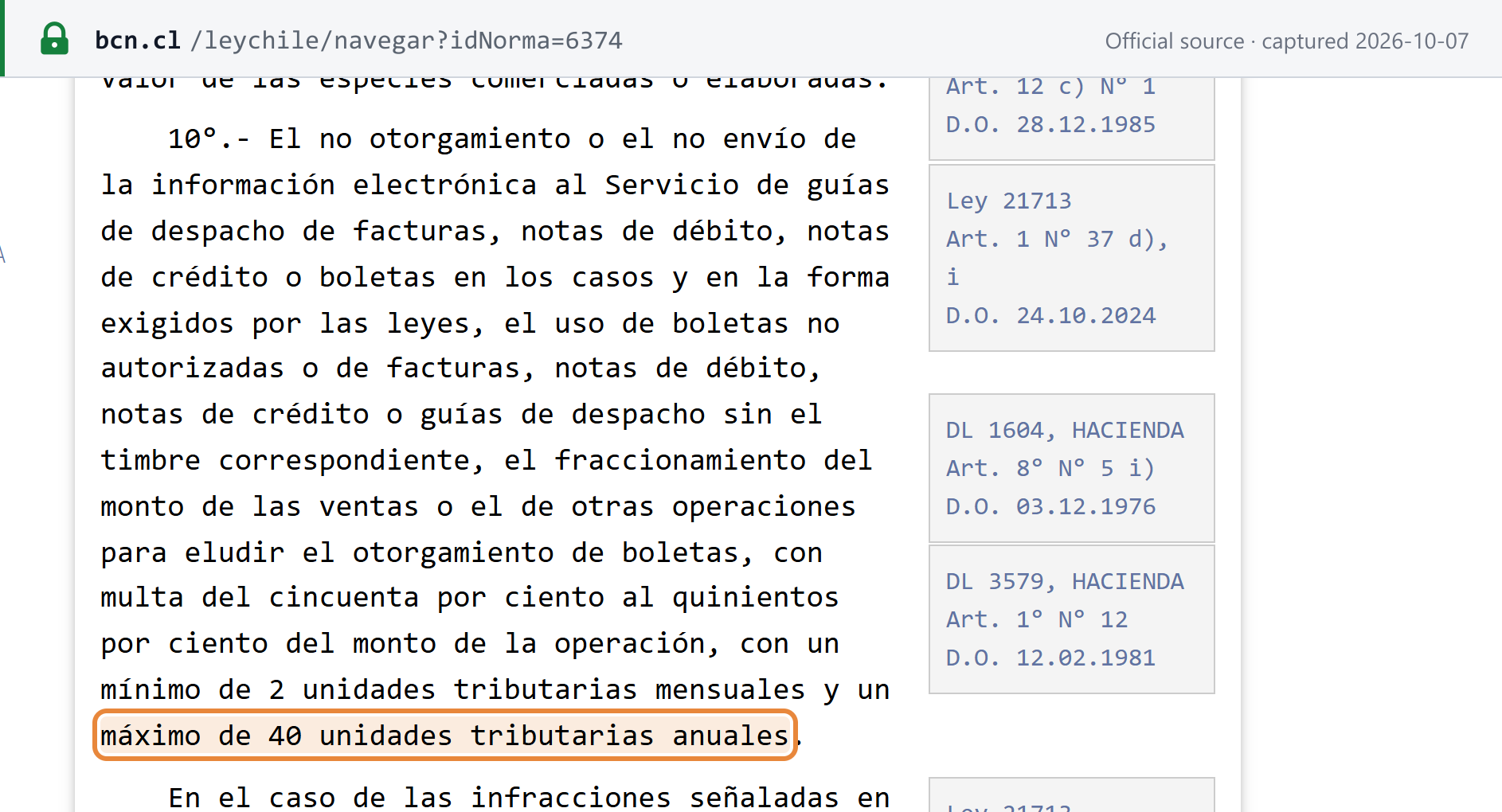 Source snapshot — Código Tributario art. 97 N°10: fine of 50% to 500% of the operation, minimum 2 UTM, maximum 40 UTA