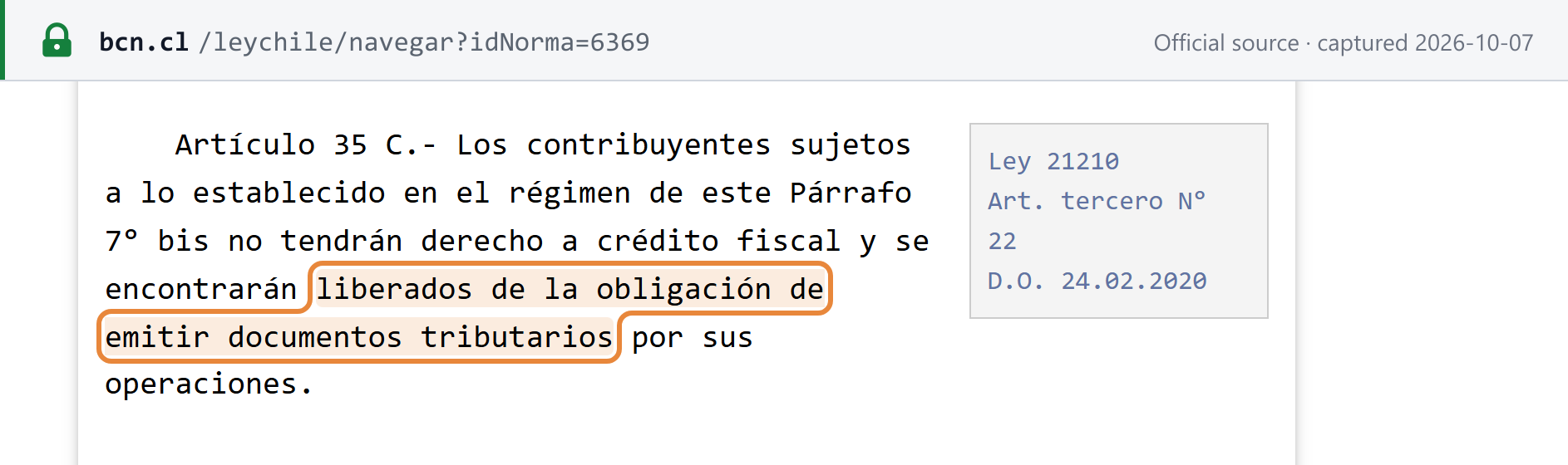 Source snapshot — DL 825 art. 35 C: suppliers in the Párrafo 7° bis simplified regime have no VAT credit and are released from issuing tax documents