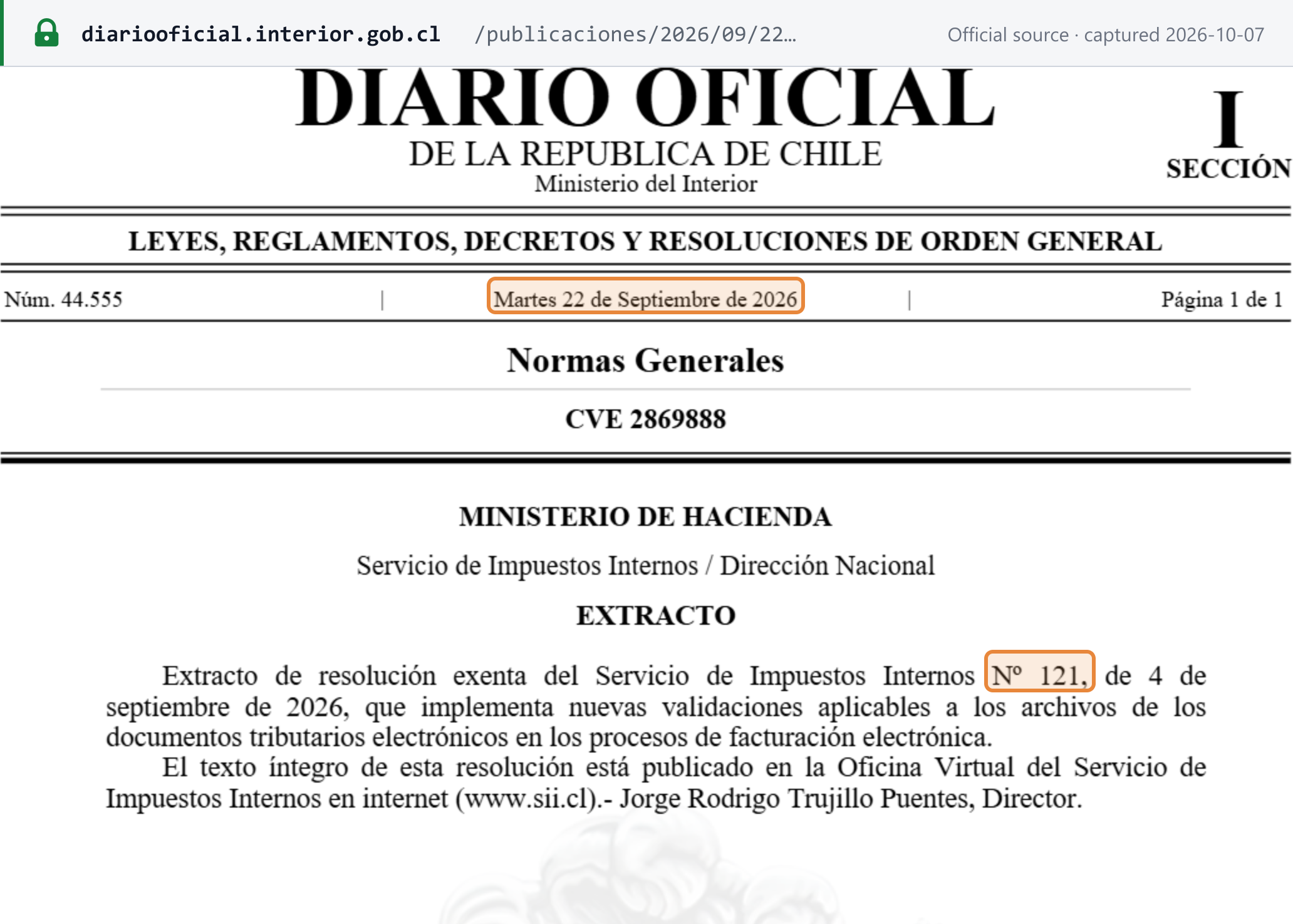 Source snapshot — Diario Oficial Núm. 44.555, Tuesday 22 September 2026, CVE 2869888: extract of SII Res. Ex. 121 of 4 September 2026 implementing new DTE validations