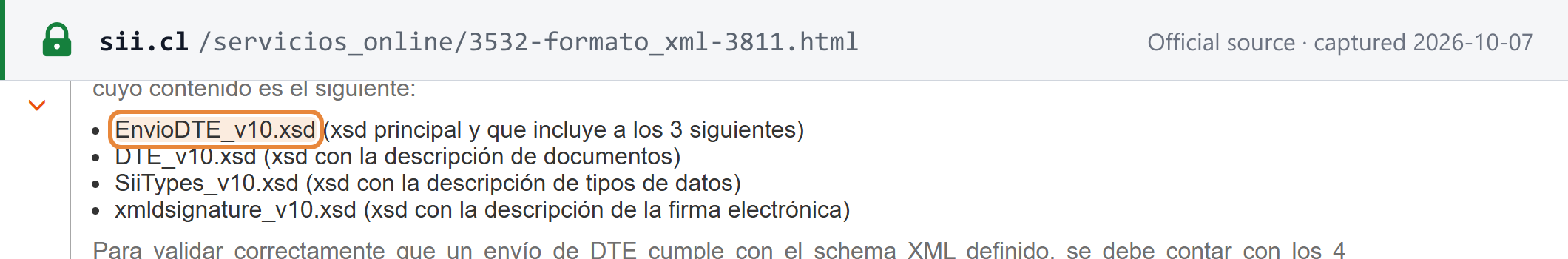 Source snapshot — SII XML format page: EnvioDTE_v10.xsd is the main schema and includes DTE_v10, SiiTypes_v10 and xmldsignature_v10