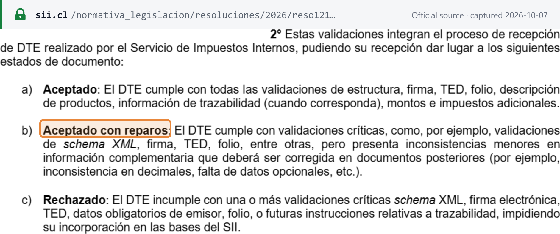 Source snapshot — Res. Ex. SII 121/2026 resolutivo 2°: DTE reception states Aceptado, Aceptado con reparos and Rechazado