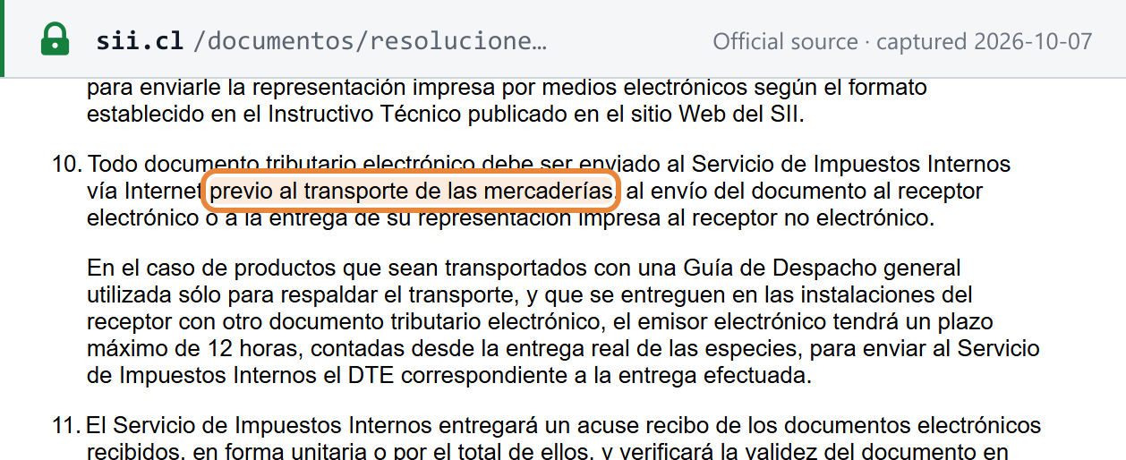 Source snapshot — SII Res. Ex. 45/2003 Cuarto 10: every DTE must be sent to the SII over the internet before transport, sending to an electronic receiver or delivery of the printed version; 12-hour exception for goods moved under a general guía