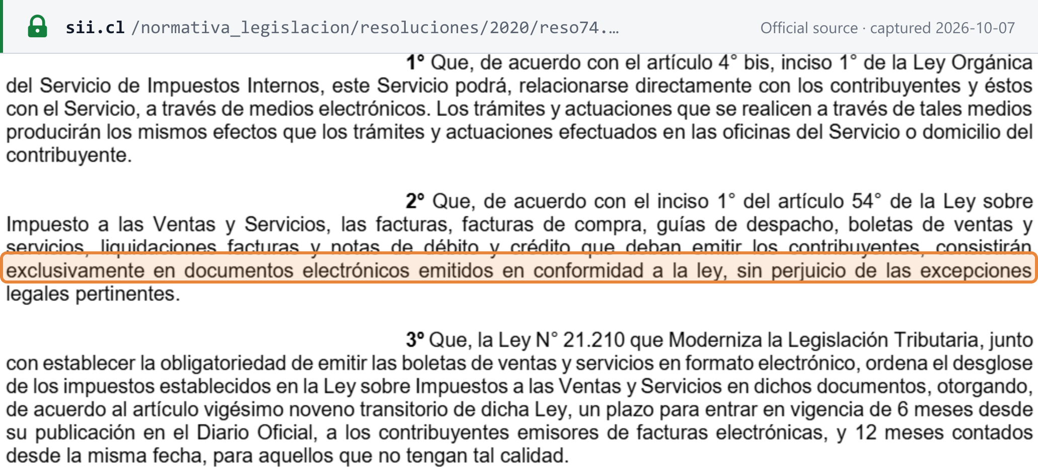 Source snapshot — SII Res. Ex. 74/2020 considerando 2° restating DL 825 art. 54: facturas, facturas de compra, guías de despacho, boletas, liquidaciones facturas and notes consist exclusively of electronic documents