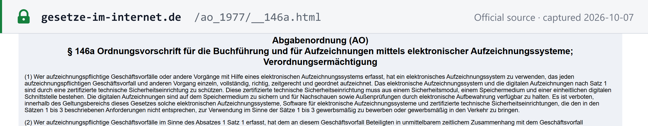 Source snapshot — §146a(1) AO: an electronic recording system must be protected by a certified technical security device consisting of a security module, a storage medium and a uniform digital interface