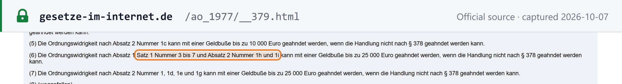 Source snapshot — §379(6) AO: administrative offences under §379(1) sentence 1 nos. 3 to 7 can be punished with a fine of up to EUR 25,000