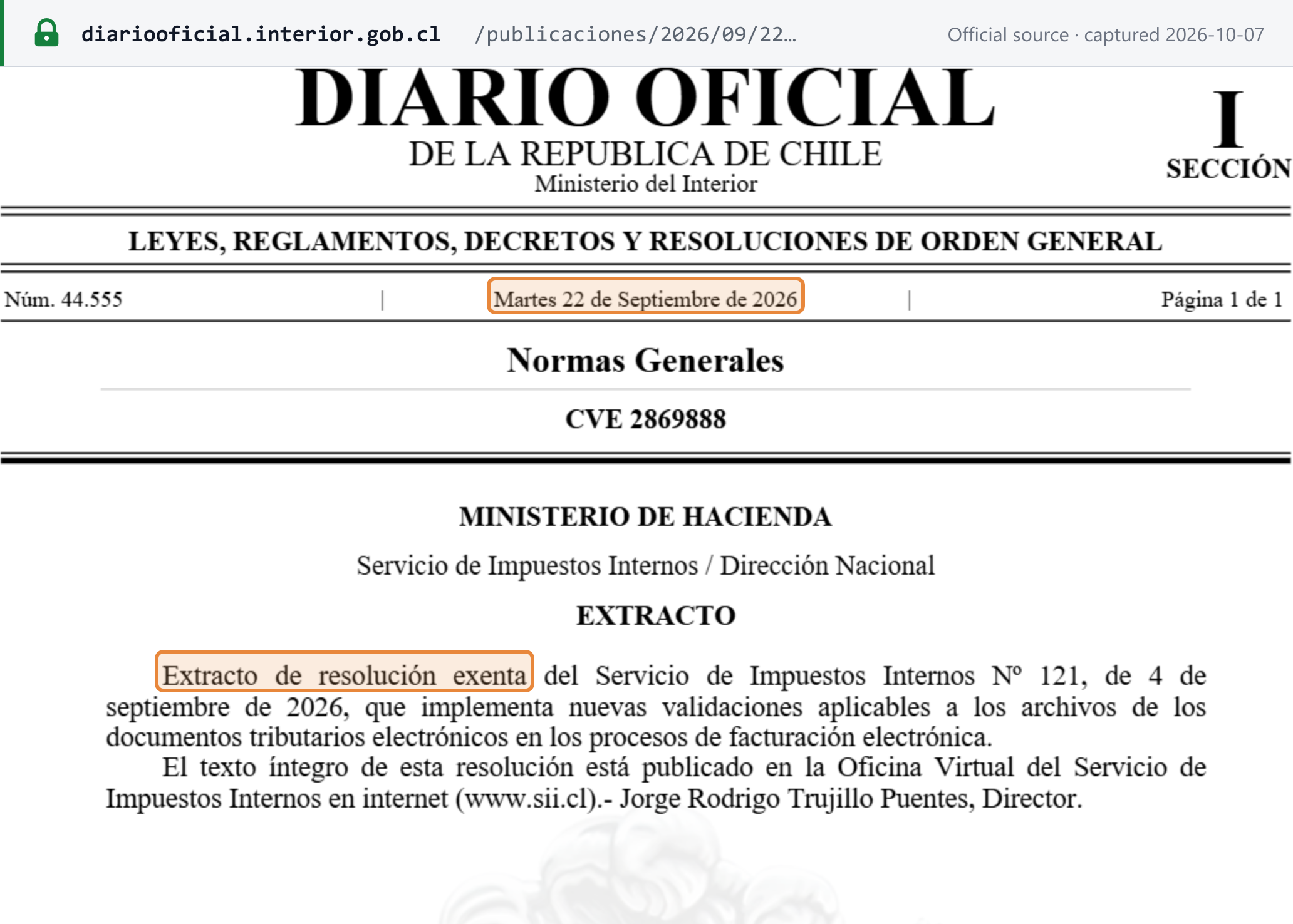 Source snapshot — Diario Oficial de la República de Chile, Núm. 44.555, Tuesday 22 September 2026 (CVE 2869888): extract of SII exempt resolution No. 121 of 4 September 2026, implementing new validations for electronic tax document files
