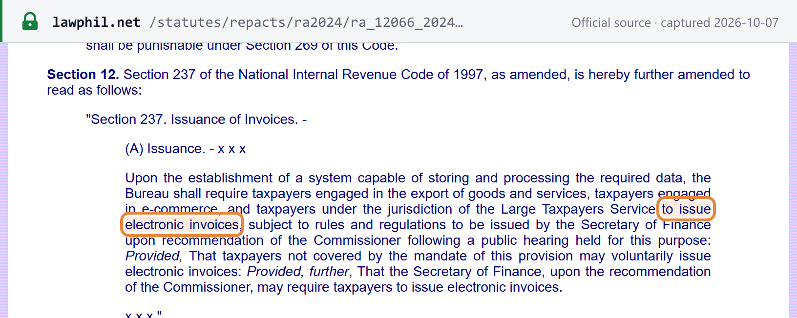 Source snapshot — RA 12066 Section 12, amending NIRC Section 237 (Issuance of Invoices): once a system capable of storing and processing the data is established, the BIR shall require exporters, e-commerce taxpayers and LTS taxpayers to issue electronic invoices; others may do so voluntarily, and the Secretary of Finance may require other taxpayers to issue them