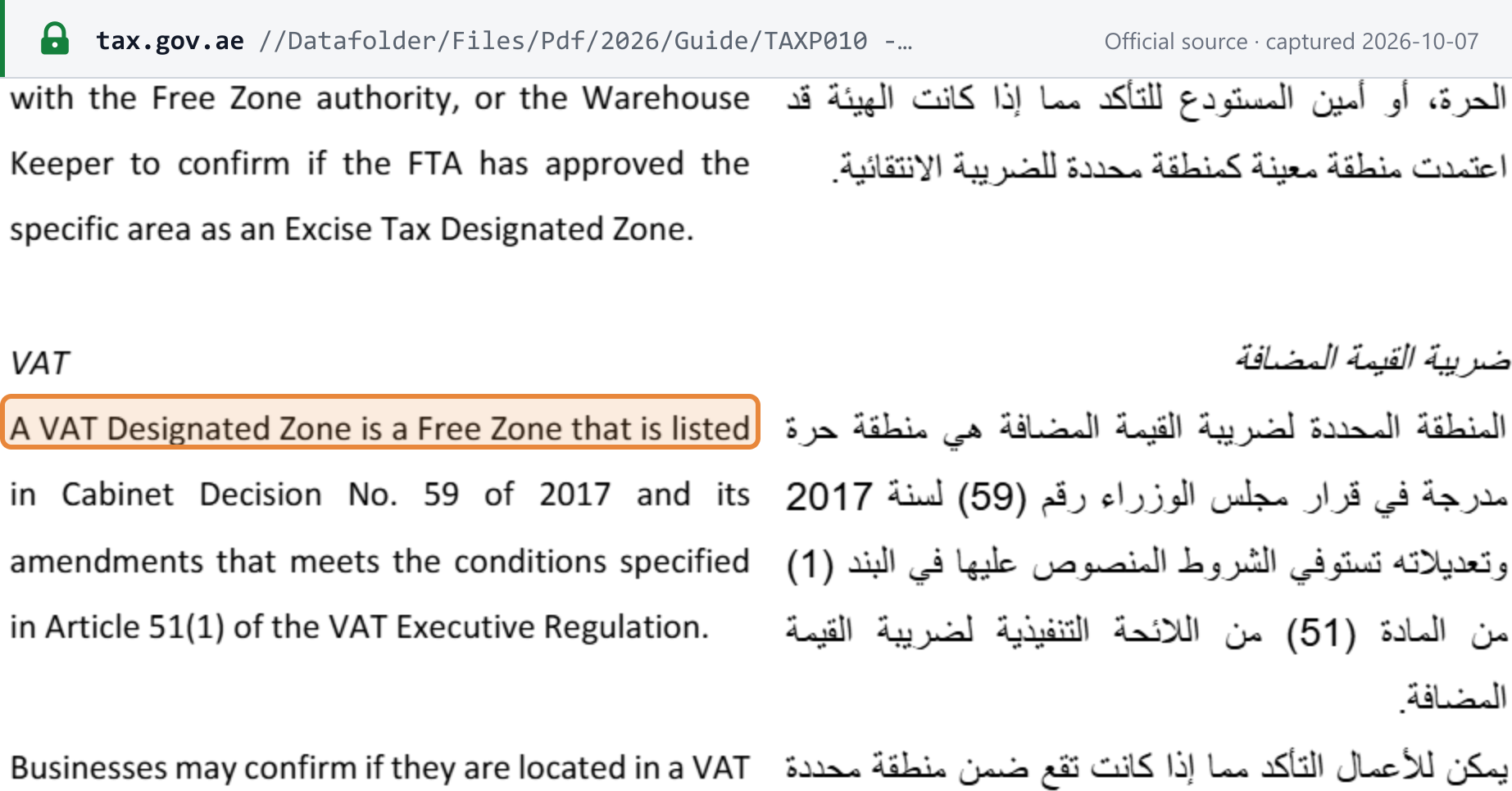 Source snapshot — FTA public clarification TAXP010 (file dated October 2026): a VAT Designated Zone is a Free Zone listed in Cabinet Decision No. 59 of 2017 and its amendments that meets Article 51(1) of the VAT Executive Regulation