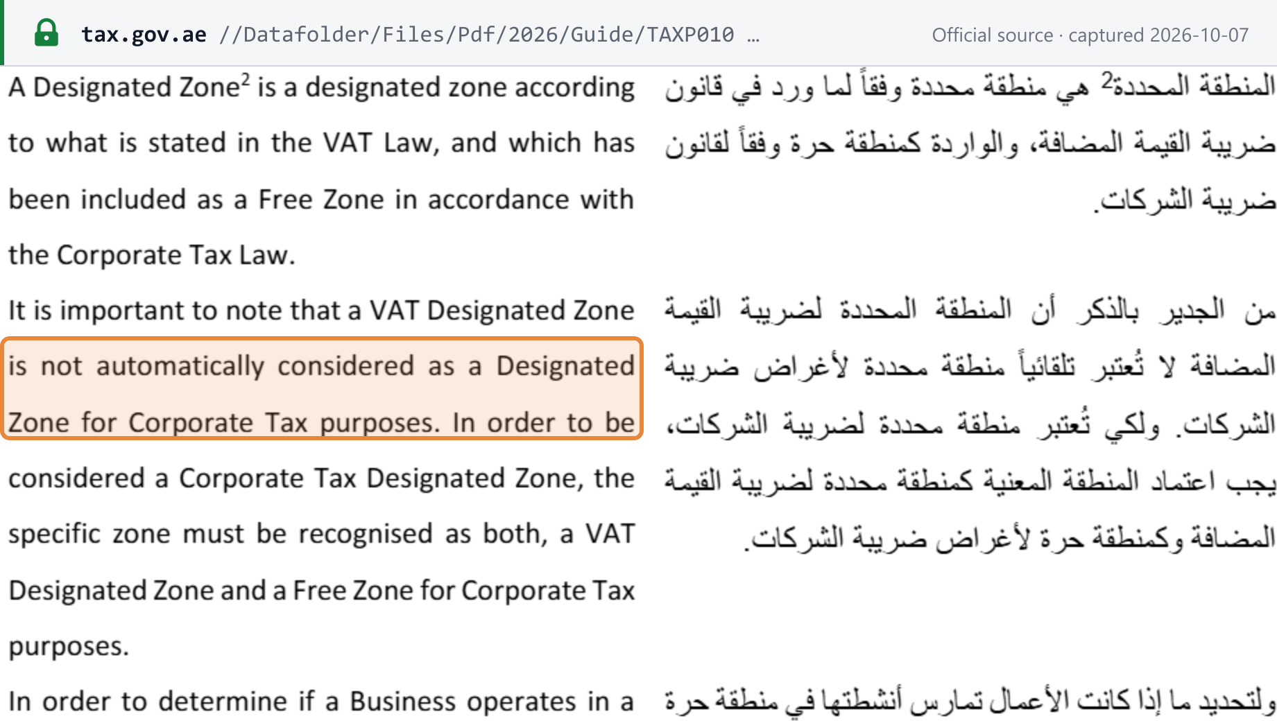 Source snapshot — FTA TAXP010: a VAT Designated Zone is not automatically considered a Designated Zone for Corporate Tax purposes; it must be both a VAT Designated Zone and a Free Zone for Corporate Tax