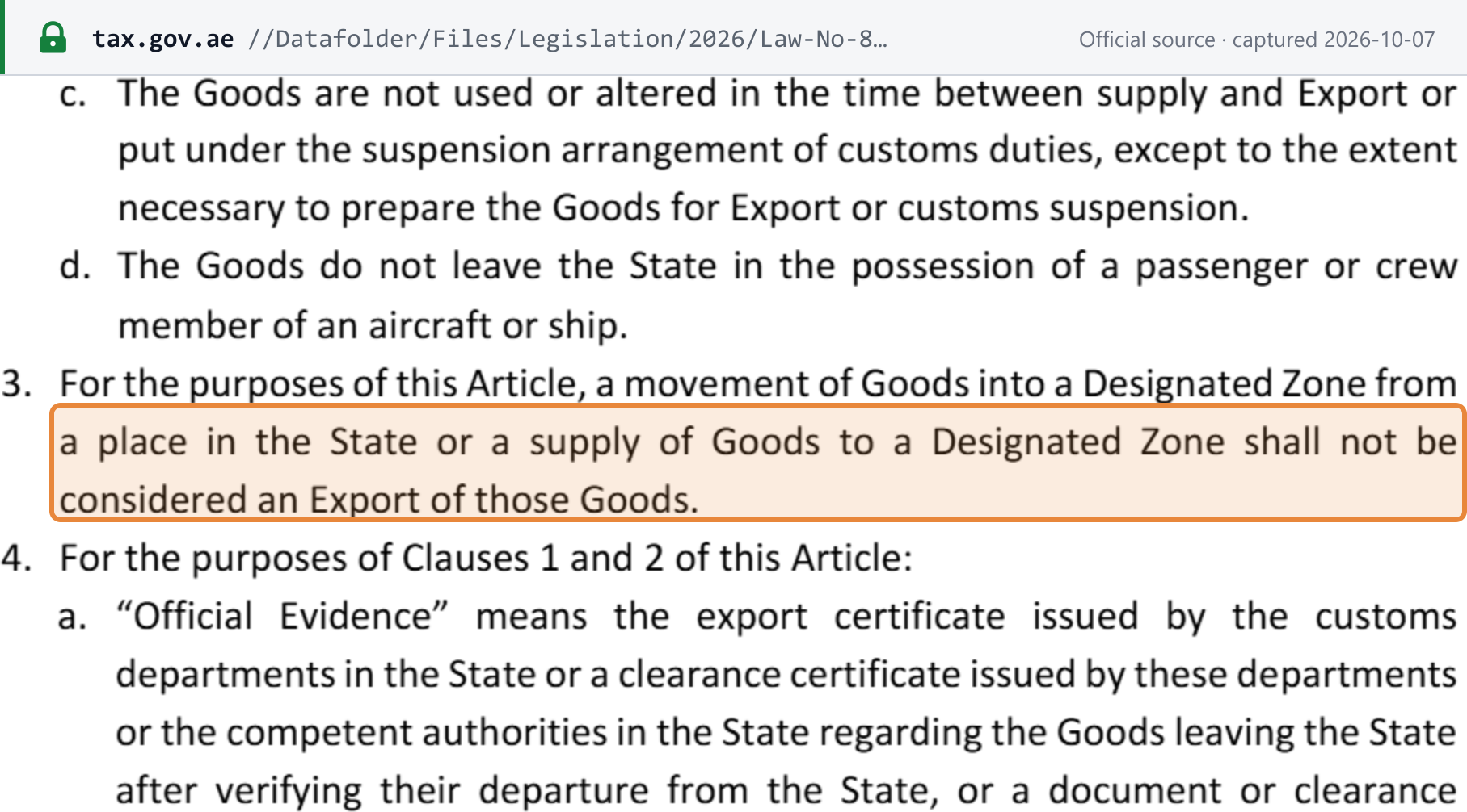 Source snapshot — VAT Executive Regulation Article 30(3): a movement of goods into a Designated Zone from a place in the State, or a supply of goods to a Designated Zone, "shall not be considered an Export of those Goods"