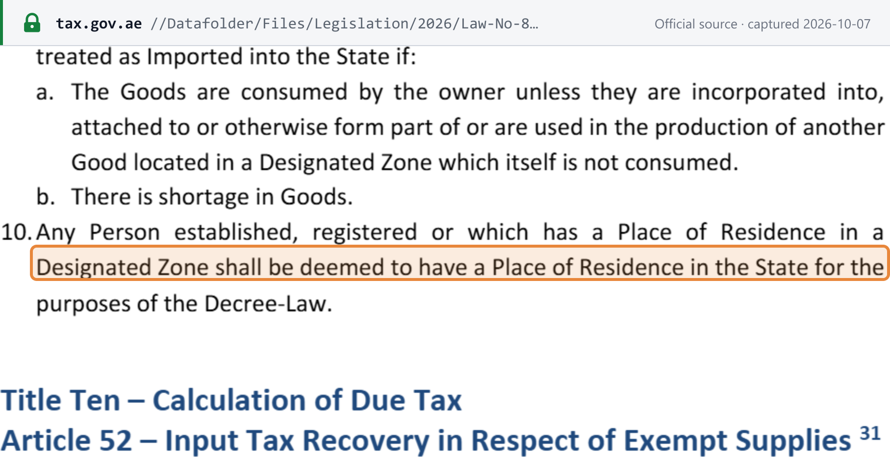 Source snapshot — VAT Executive Regulation Article 51(10): any person established, registered or with a place of residence in a Designated Zone is deemed to have a place of residence in the State