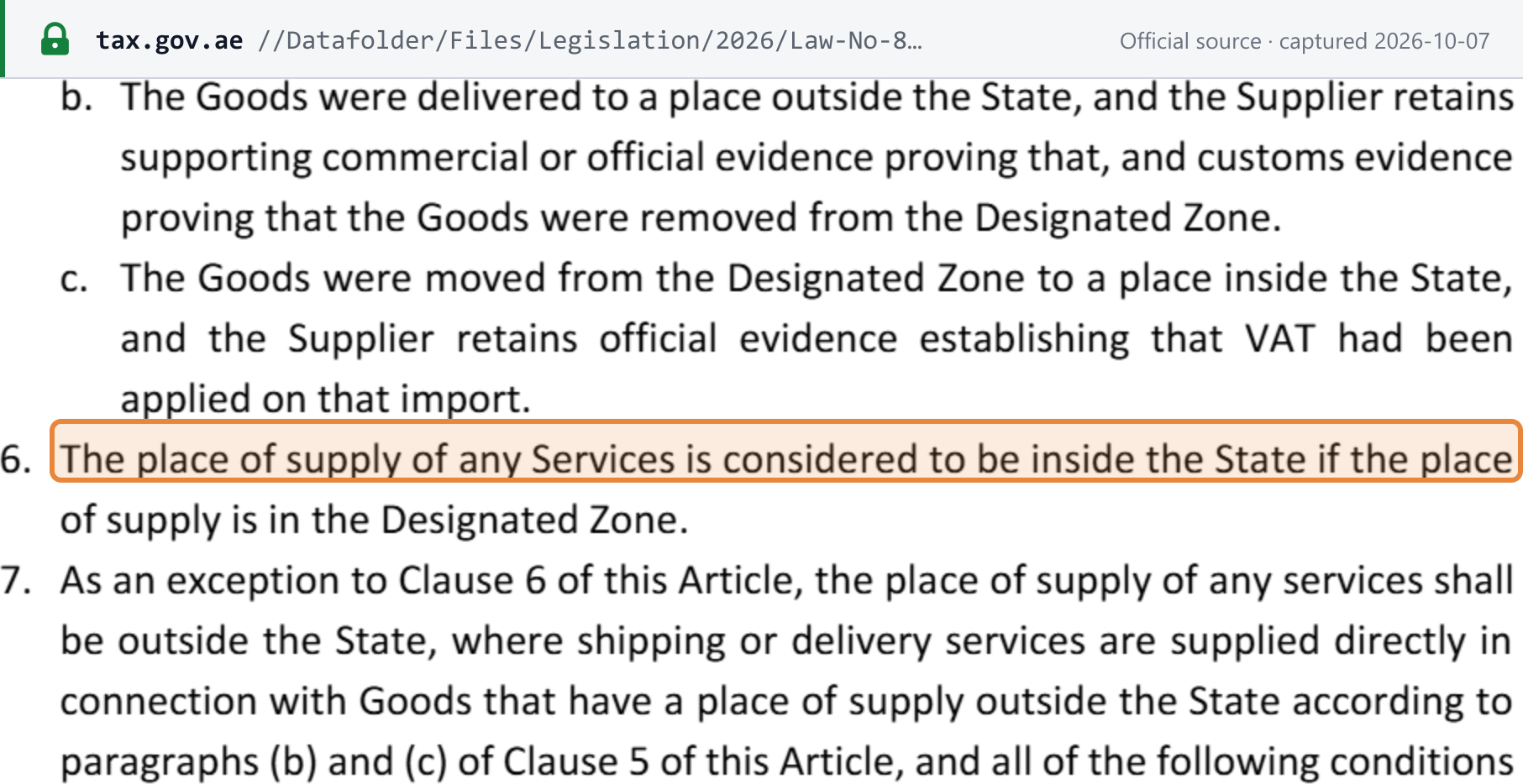 Source snapshot — VAT Executive Regulation Article 51: the place of supply of any services is inside the State if the place of supply is in the Designated Zone