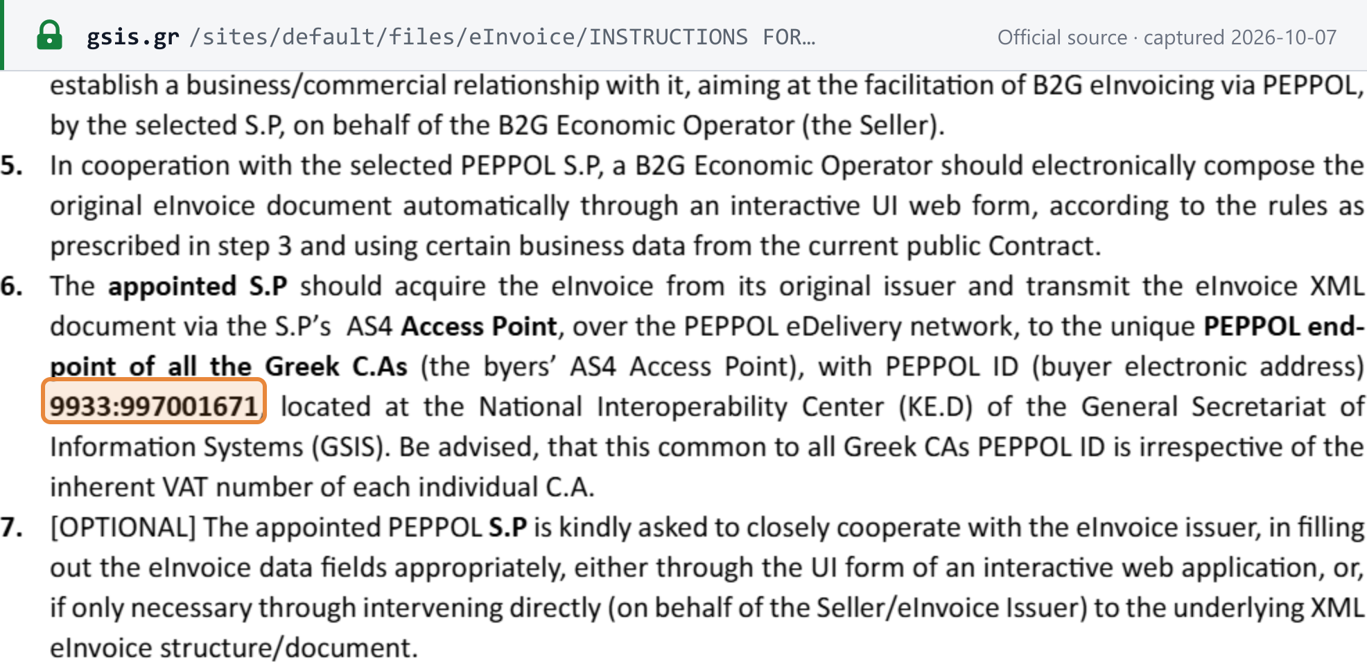 Source snapshot — GSIS instructions for foreign B2G suppliers, item 6: the service provider sends the eInvoice over Peppol to the single Peppol endpoint of all Greek contracting authorities, Peppol ID 9933:997001671, at the GSIS National Interoperability Center (KE.D)