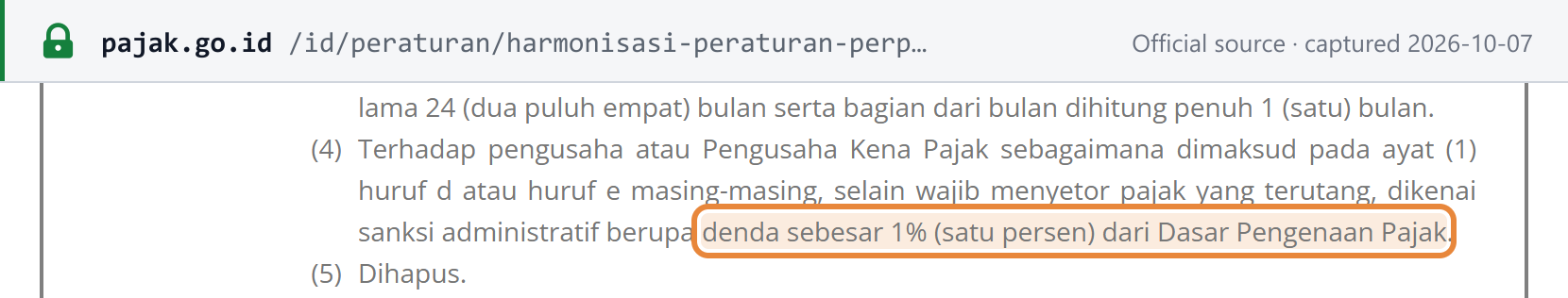 Source snapshot — UU KUP article 14(4) as amended by HPP: besides paying the tax due, the PKP is fined 1% of the tax base