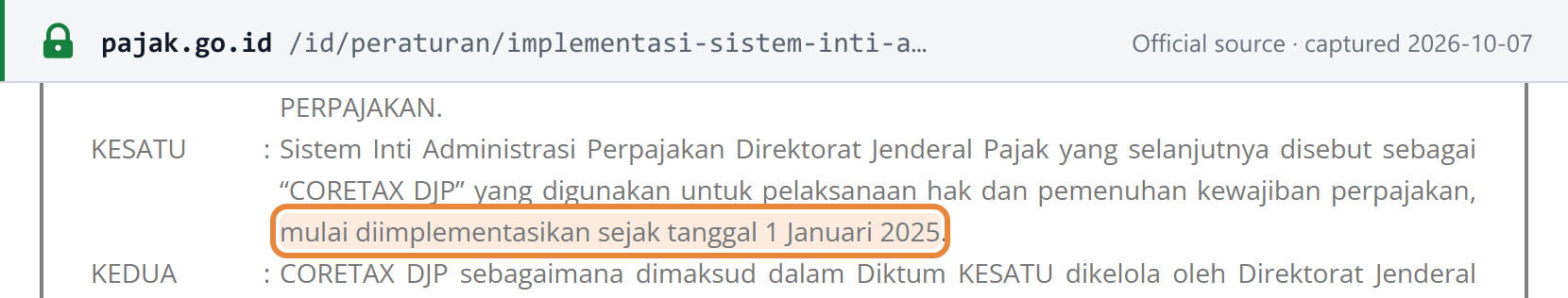 Source snapshot — KMK 456/2024: the DJP core tax administration system, CORETAX DJP, is implemented from 1 January 2025