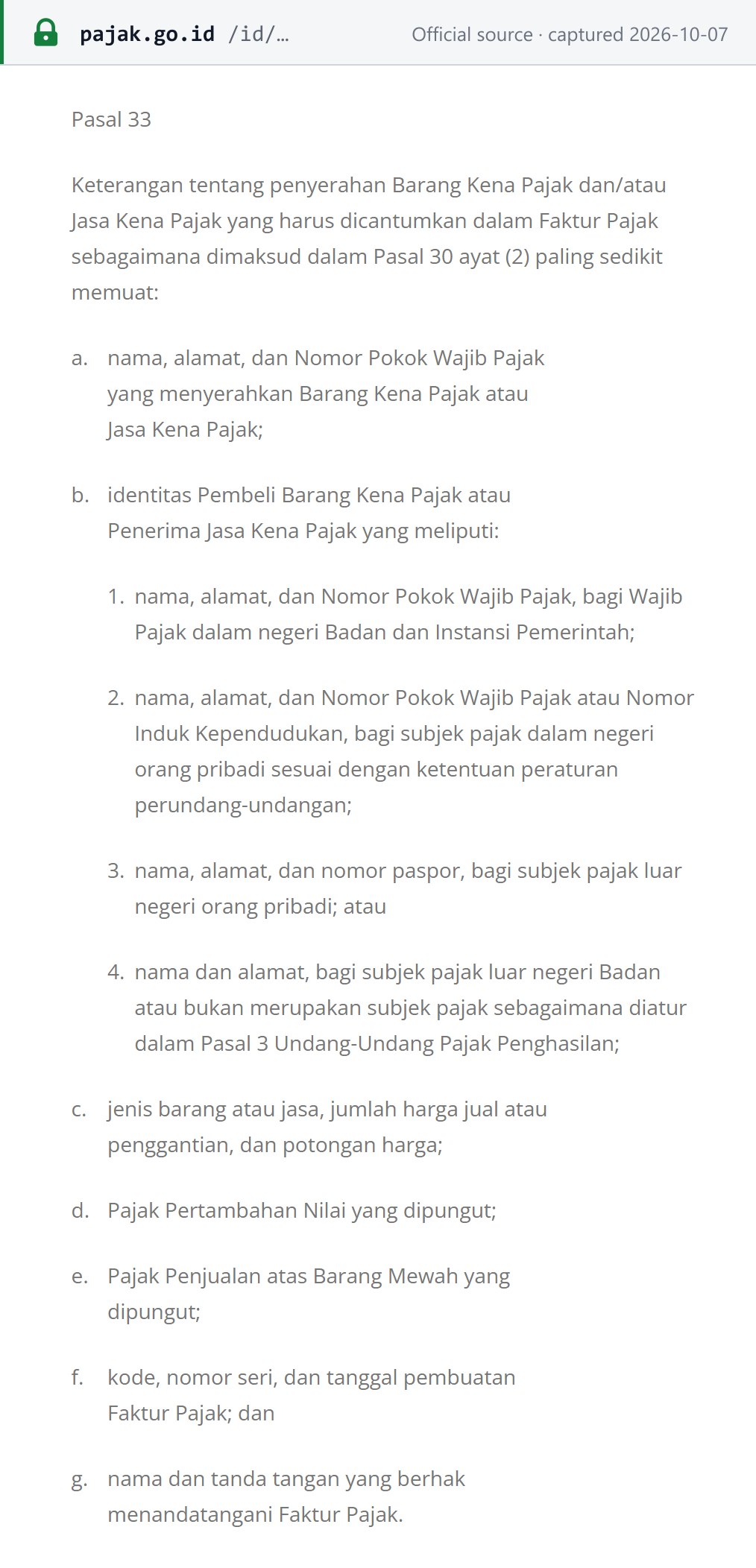 Source snapshot — PER-11/PJ/2025 article 33: a tax invoice must contain at least the name, address and NPWP of the supplier, the buyer's identity, the goods or services, price and discount, VAT, PPnBM, code, serial number and date, and the signer