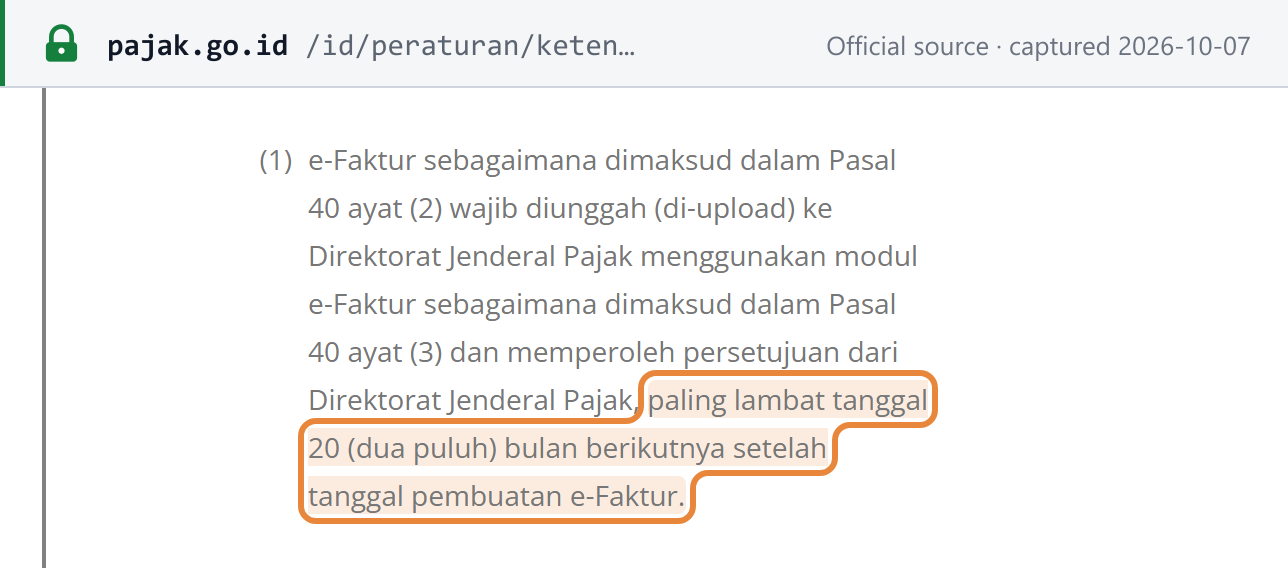 Source snapshot — PER-11/PJ/2025 article 44(1): the e-Faktur must be uploaded to DJP and approved no later than the 20th of the month after the date the e-Faktur was made