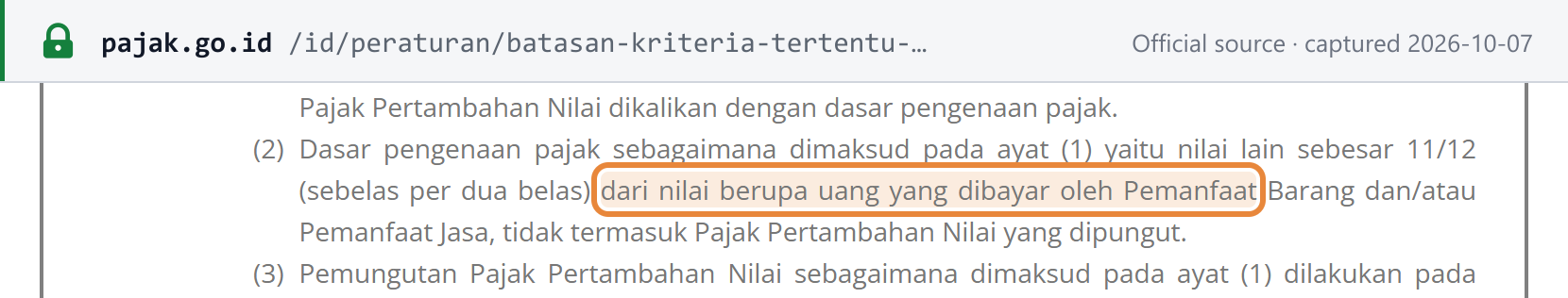 Source snapshot — PER-12/PJ/2025 article 9: PMSE VAT is charged on another value of 11/12 of the money paid by the user, excluding the VAT collected