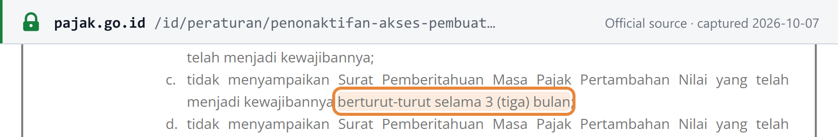 Source snapshot — PER-19/PJ/2025 article 2(2)(c): faktur access is deactivated where the PKP has not filed the monthly VAT returns it owed for 3 consecutive months