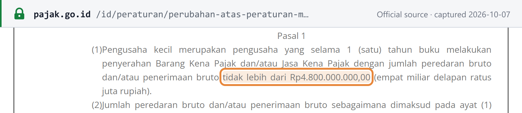 Source snapshot — PMK 197/PMK.03/2013 article 1(1): a small entrepreneur has gross turnover or receipts of not more than Rp4,800,000,000 in one book year