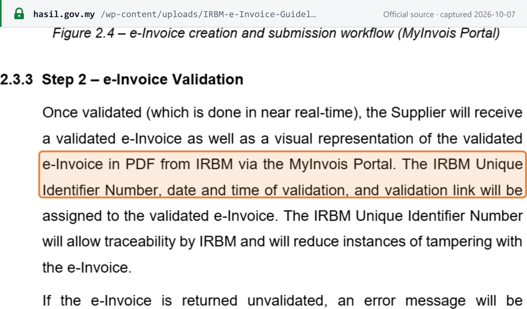 Source snapshot — IRBM e-Invoice Guideline v4.8 §2.3.3 "Step 2 – e-Invoice Validation": once validated in near real-time, the IRBM Unique Identifier Number, date and time of validation, and validation link are assigned to the validated e-invoice