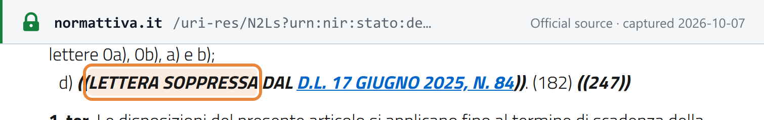 Source snapshot — DPR 633/1972 article 17-ter, comma 1-bis letter d): "LETTERA SOPPRESSA DAL D.L. 17 GIUGNO 2025, N. 84"