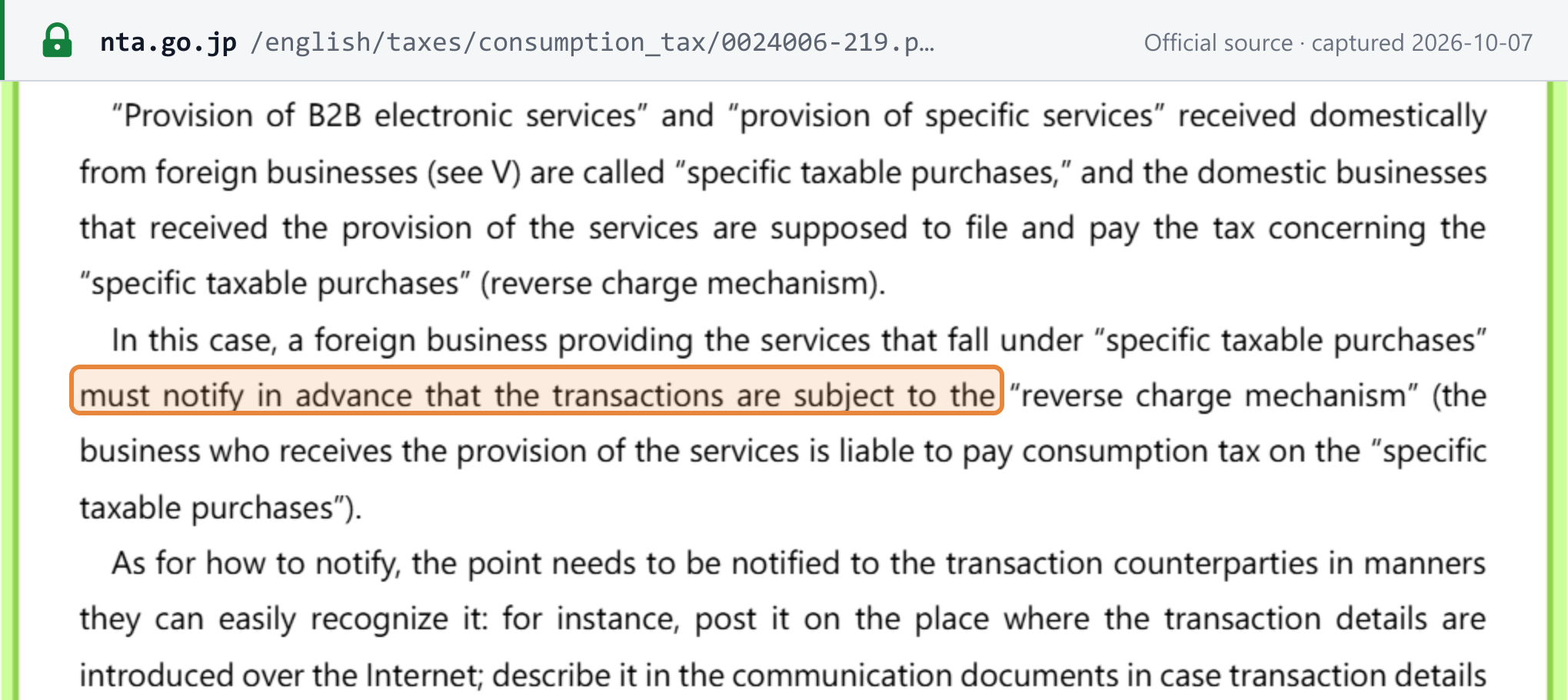 Source snapshot — NTA guidance for foreign businesses: B2B electronic services and specific services received from foreign businesses are specific taxable purchases taxed on the recipient, and the foreign business must notify in advance that the reverse charge mechanism applies