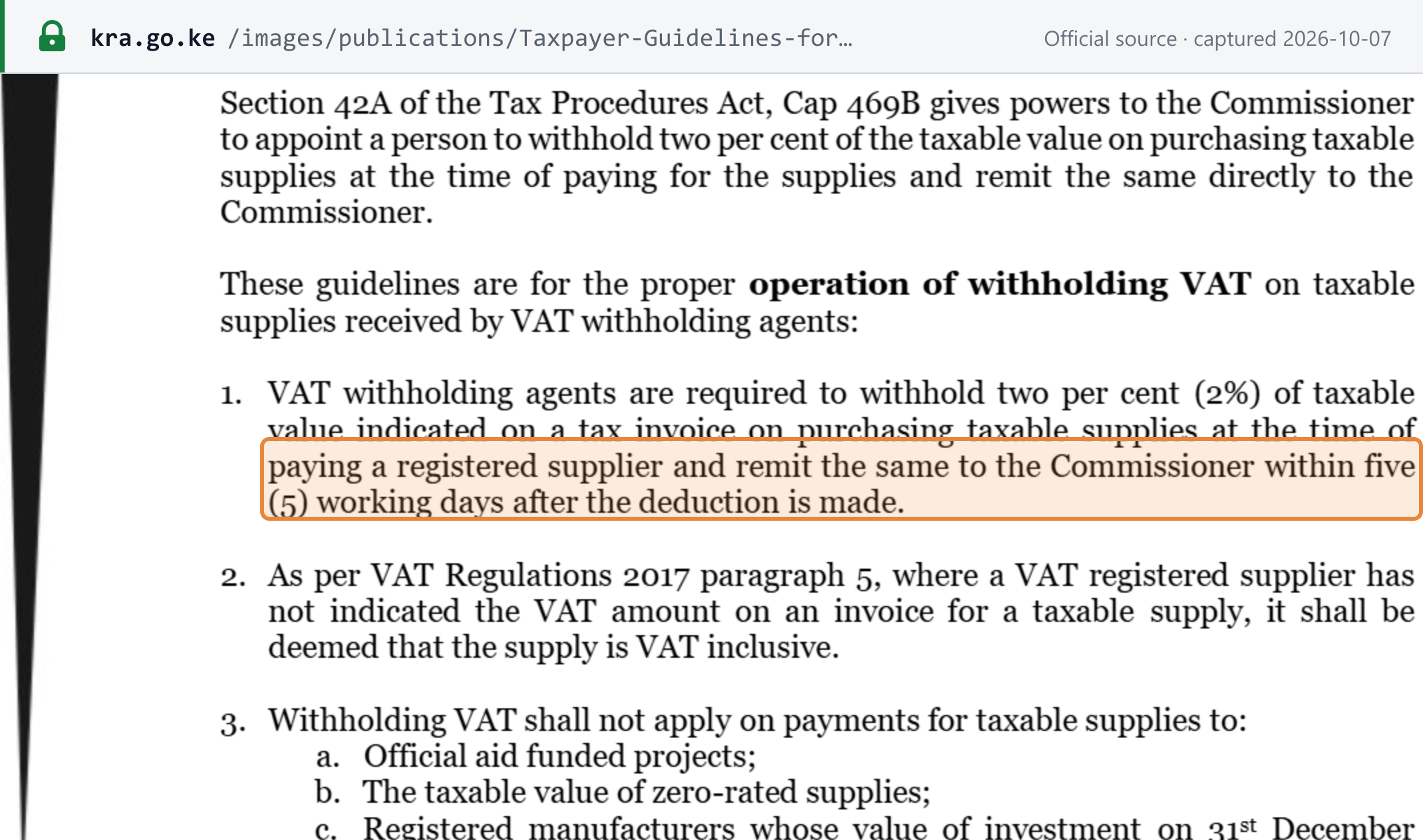 Source snapshot — KRA Taxpayer Guidelines for WHVAT: agents withhold 2% of the taxable value on the tax invoice when paying a registered supplier and remit it within five (5) working days after the deduction