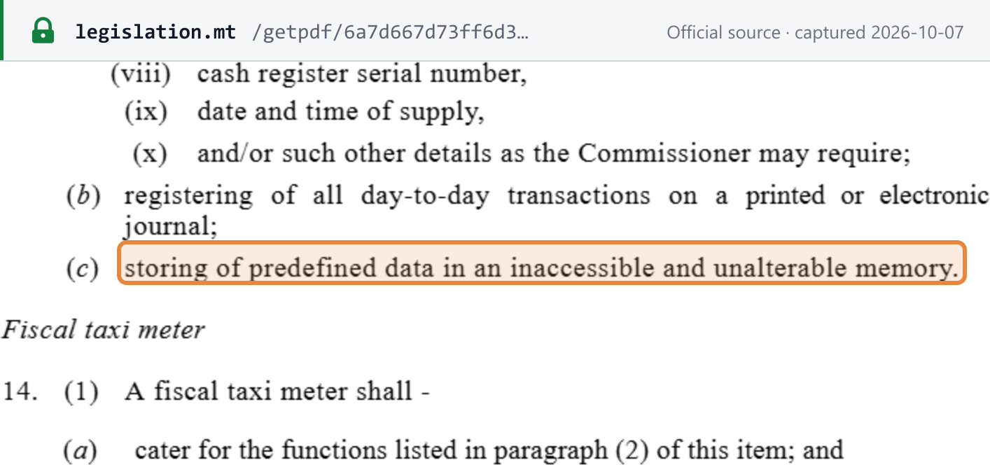 Source snapshot — Cap. 406, Thirteenth Schedule, item 13(2)(b)–(c): registering of all day-to-day transactions on a printed or electronic journal, and storing of predefined data in an inaccessible and unalterable memory