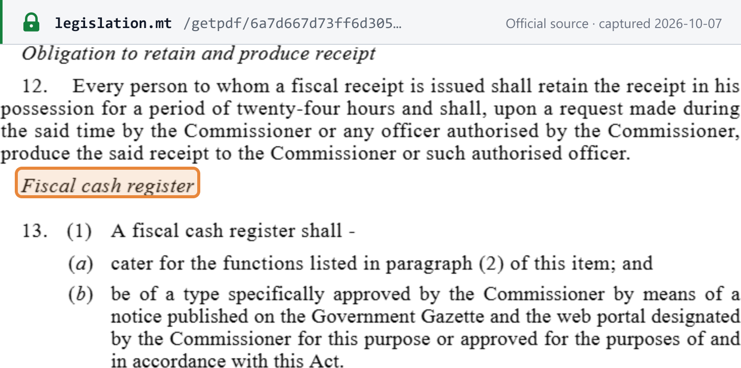 Source snapshot — Cap. 406, Thirteenth Schedule, item 13(1): under the heading "Fiscal cash register", a fiscal cash register shall cater for the listed functions and be of a type approved by the Commissioner