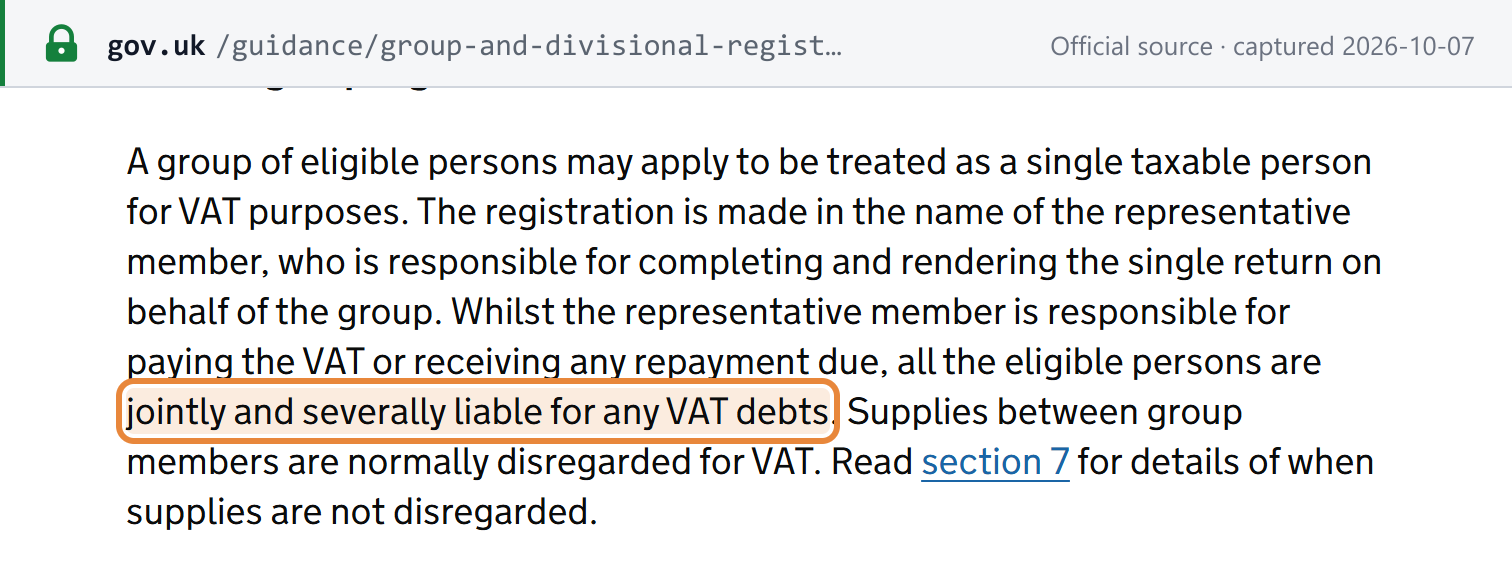 Source snapshot — HMRC VAT Notice 700/2: the representative member renders the single return, all eligible persons are "jointly and severally liable for any VAT debts", and supplies between group members are normally disregarded