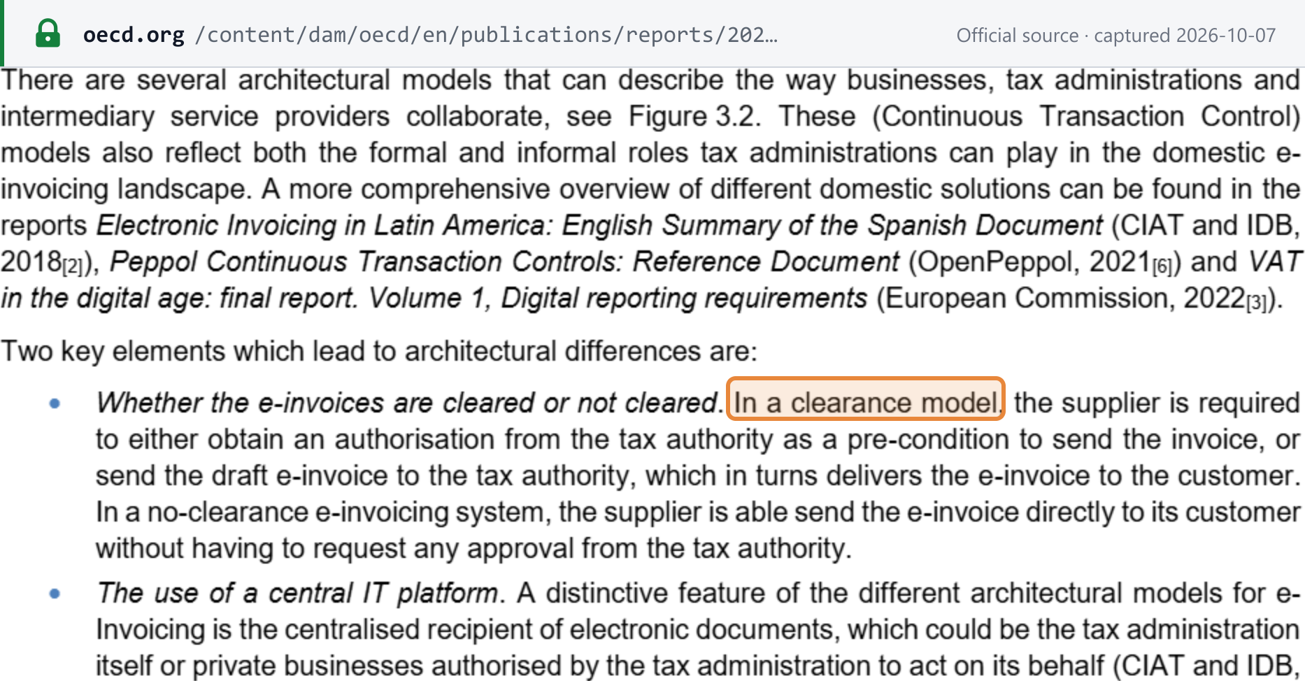Source snapshot — OECD FTA, Tax Administration 3.0 and Electronic Invoicing (2022), p. 30: "There are several architectural models"; in a clearance model the supplier must obtain the tax authority's authorisation before sending the invoice, or the authority delivers it; in a no-clearance system the supplier sends the e-invoice directly