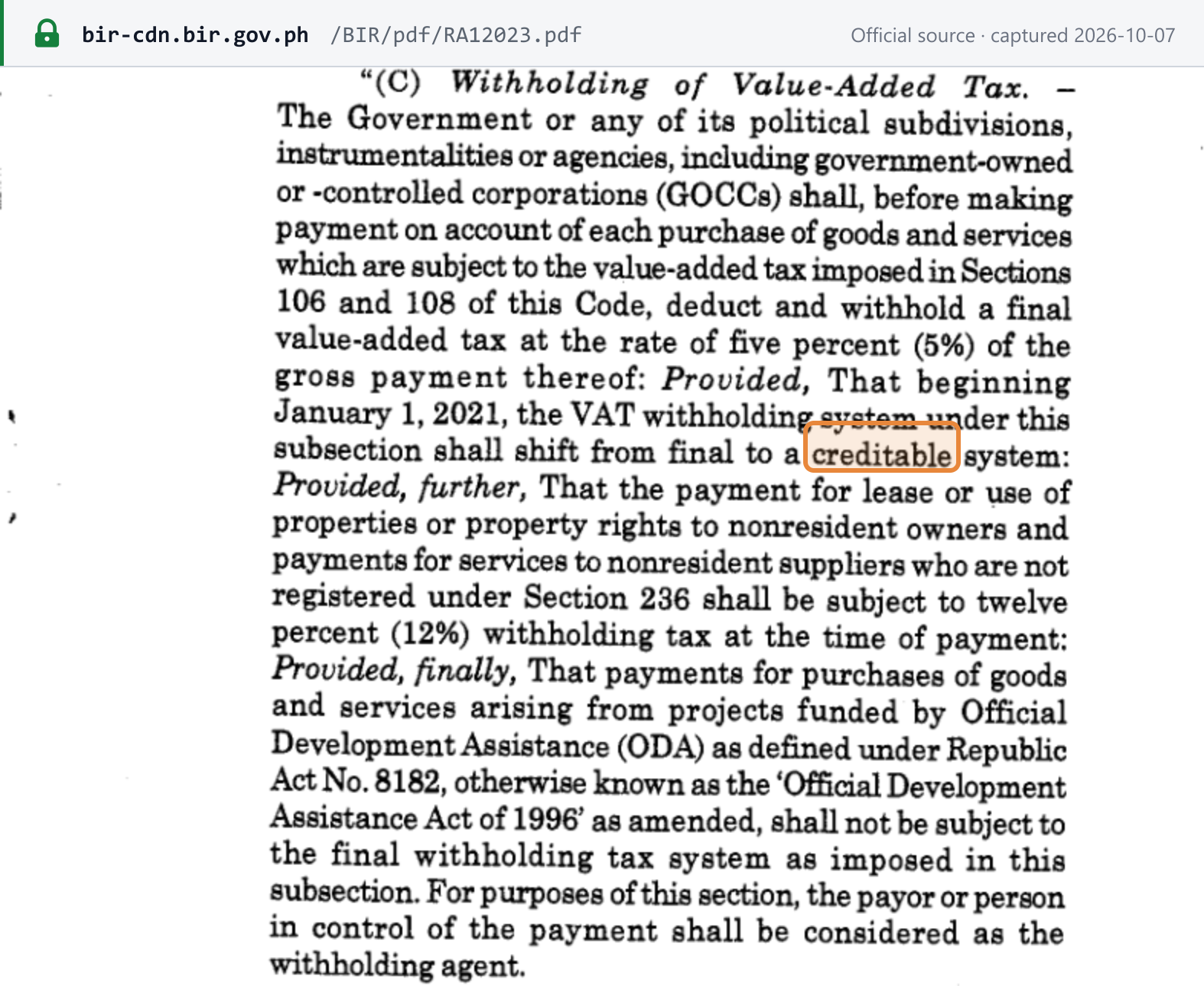 Source snapshot — RA 12023, NIRC section 114(C): government bodies and GOCCs withhold 5% of the gross payment; from 1 January 2021 the system shifts from final to creditable; 12% on payments to non-resident owners and unregistered non-resident suppliers