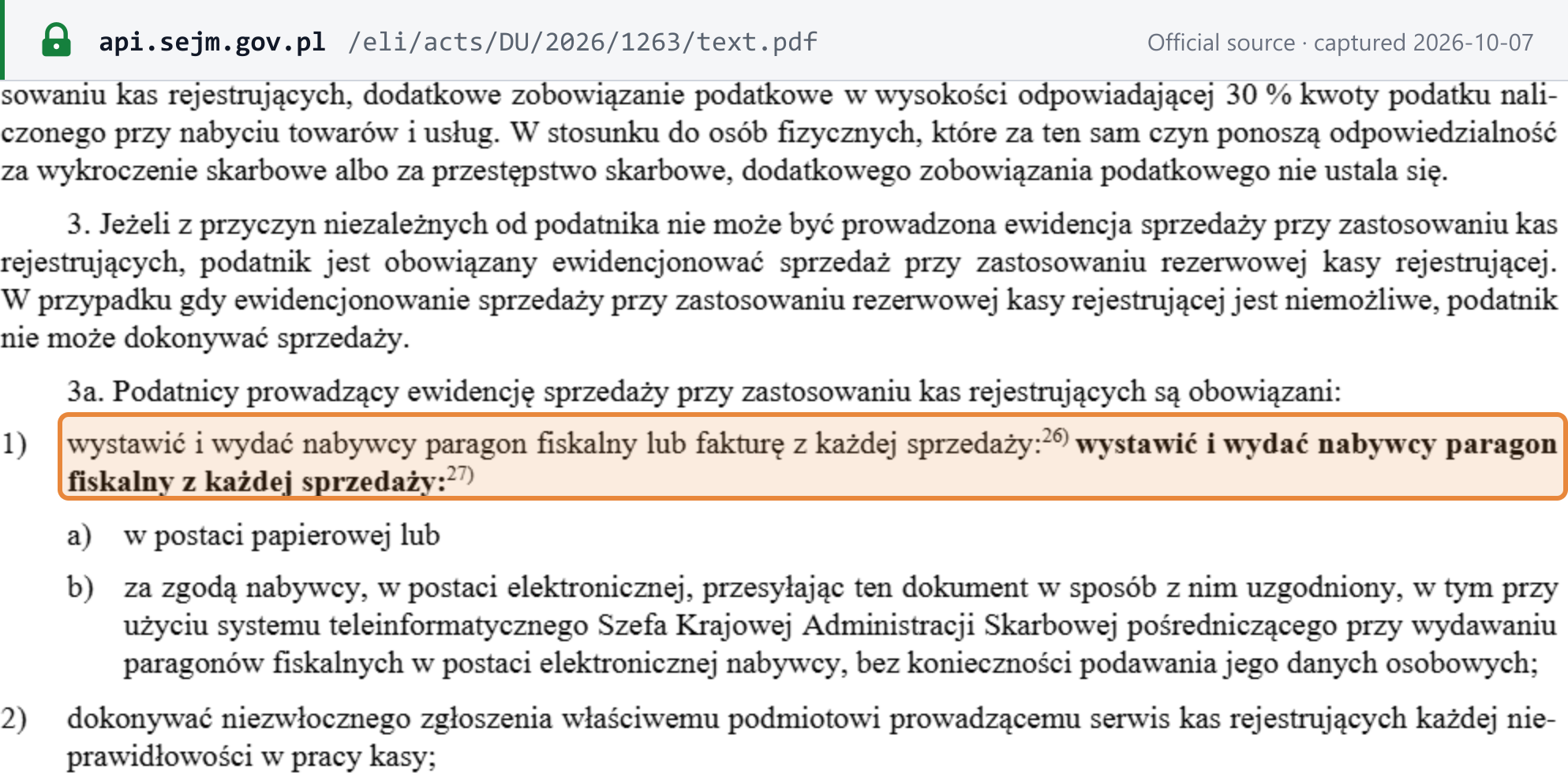 Source snapshot — Polish VAT Act art. 111(3a)(1): the current wording "fiscal receipt or invoice" (footnote 26) and the wording "fiscal receipt for every sale" that applies from the change in footnote 27