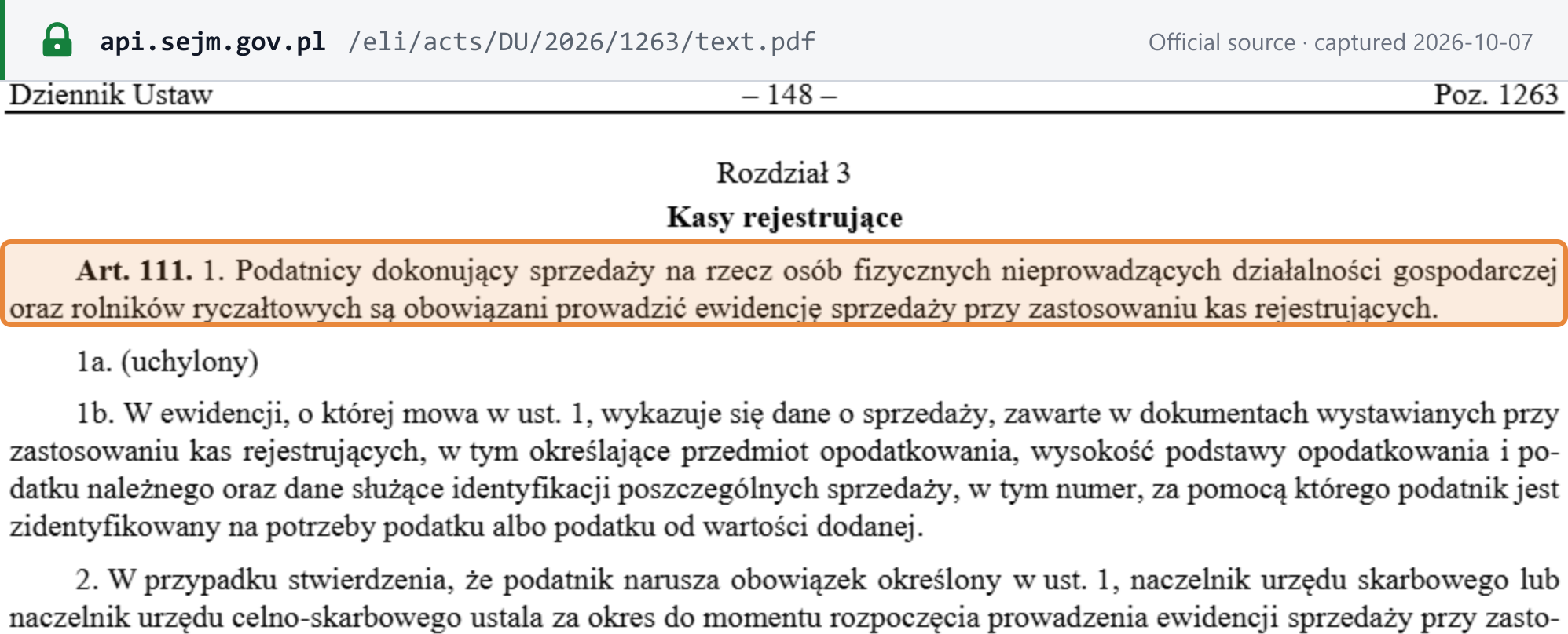 Source snapshot — Polish VAT Act art. 111(1): taxpayers selling to individuals not running a business and to flat-rate farmers must record sales using cash registers
