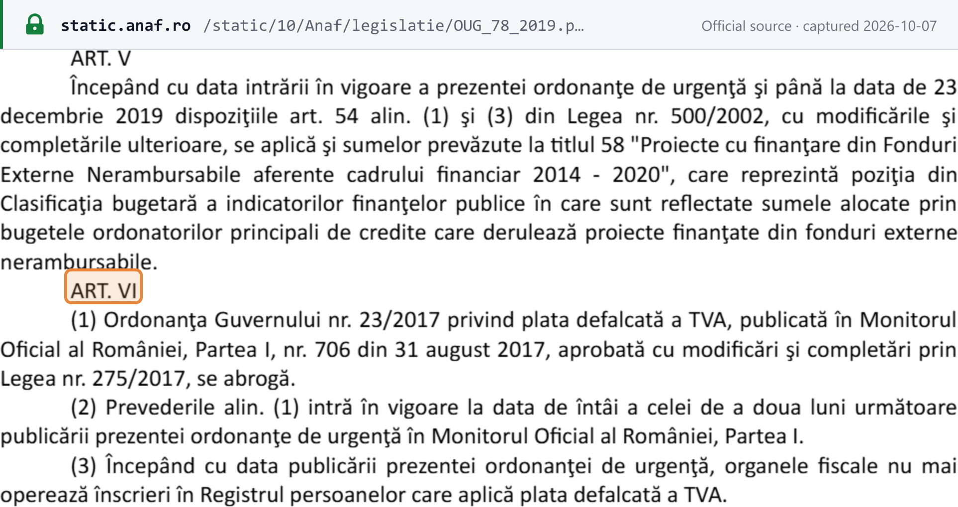 Source snapshot — OUG 78/2019 article VI: OG 23/2017 on split VAT payment is repealed, in force from the first day of the second month after publication in the Monitorul Oficial