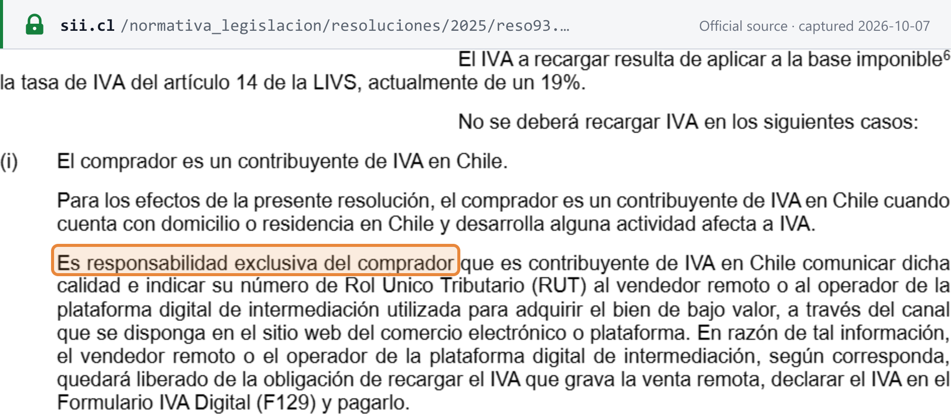 Source snapshot — SII Resolution 93 of 2025: no IVA is charged where the buyer is an IVA taxpayer in Chile, and it is the buyer's sole responsibility to state that status and give its RUT to the remote seller or platform