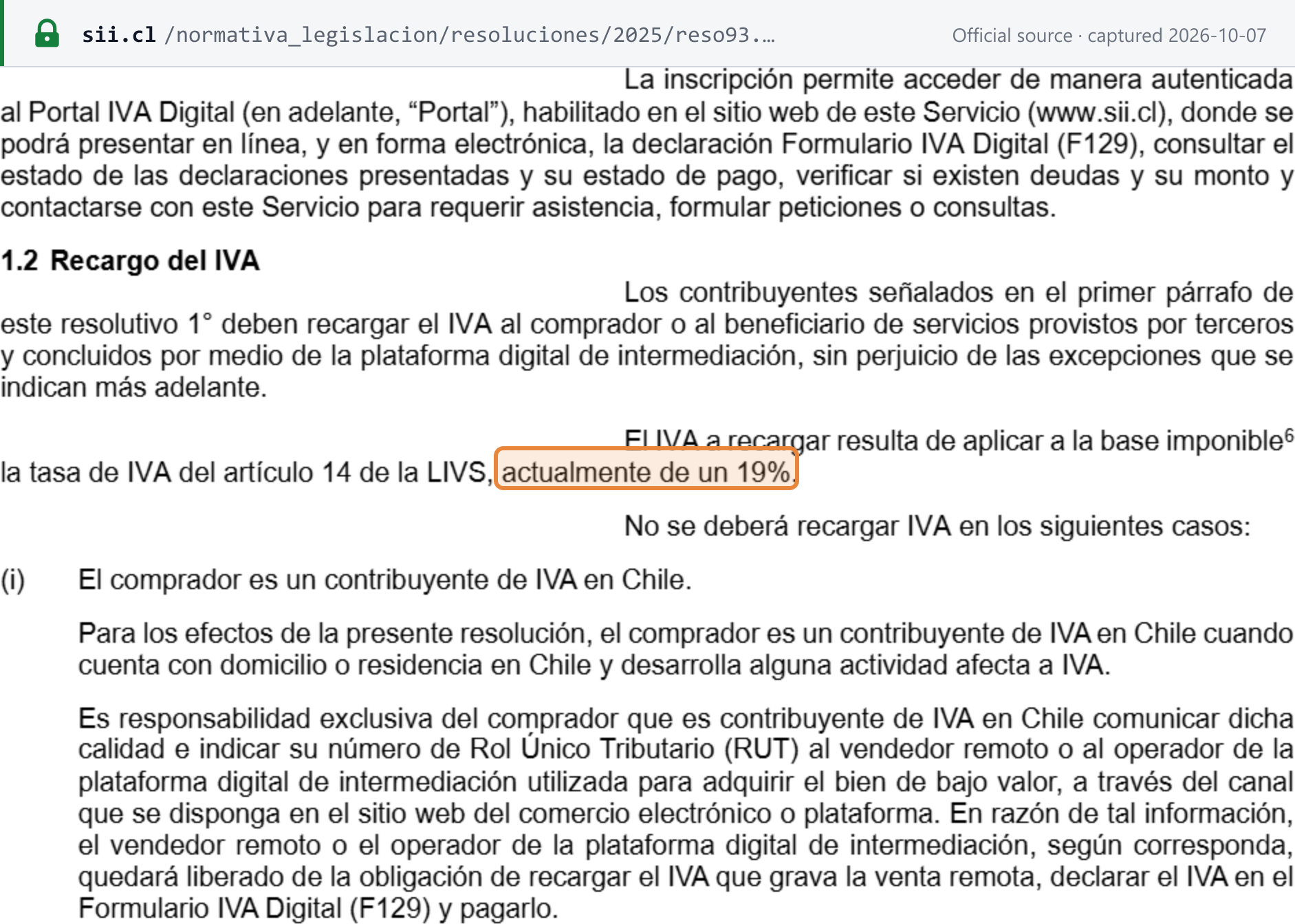 Source snapshot — SII Resolution 93 of 2025, section 1.2: IVA is charged by applying to the tax base the article 14 LIVS rate, currently 19%