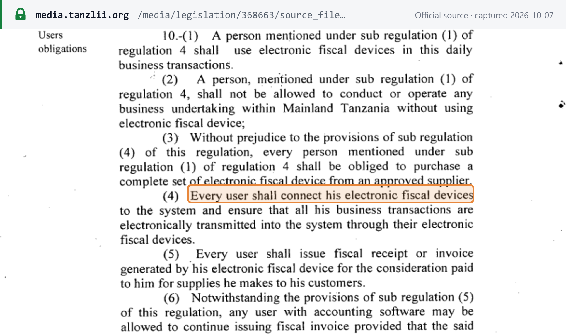 Source snapshot — Tanzania GN No. 192 of 2010, reg. 10(4): every user shall connect his electronic fiscal devices to the system and ensure that all business transactions are electronically transmitted into the system