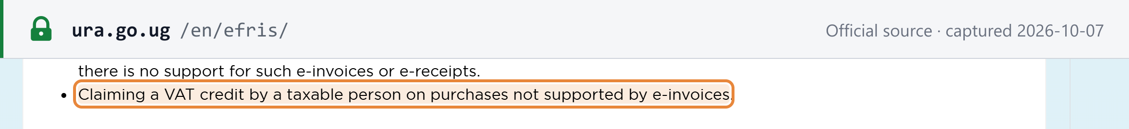 Source snapshot — URA EFRIS FAQ: claiming a VAT credit by a taxable person on purchases not supported by e-invoices is rejected