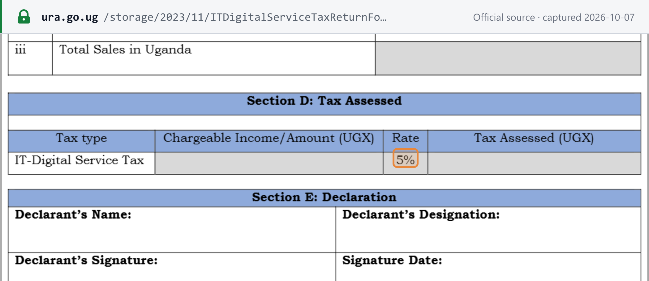 Source snapshot — URA DT-DST return form for non-resident service providers: IT-Digital Service Tax assessed at a rate of 5%