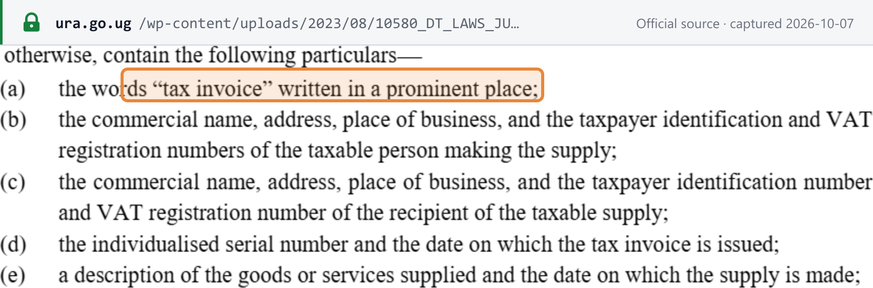 Source snapshot — VAT Act Fourth Schedule para 2 (URA compendium consolidated to July 2021): the words "tax invoice" in a prominent place, supplier and recipient names, addresses, TINs and VAT numbers, serial number and issue date, description and supply date