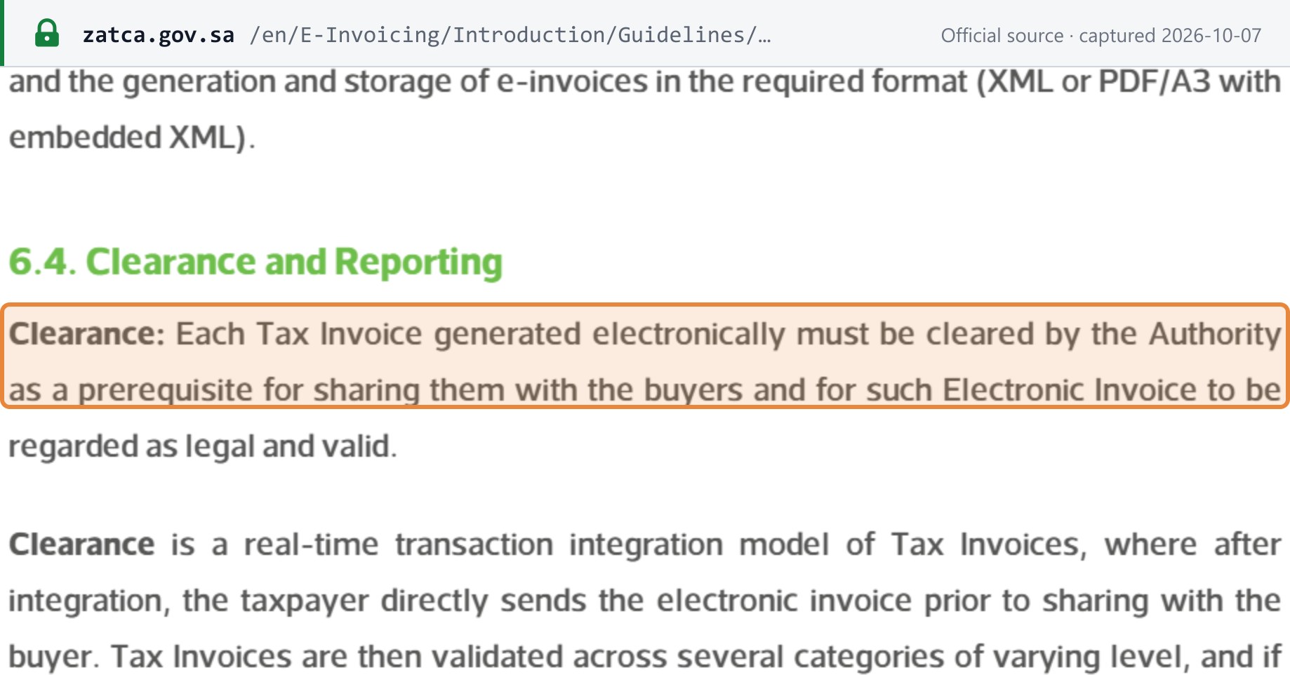 Source snapshot — ZATCA Detailed Guidelines for E-Invoicing §6.4 "Clearance and Reporting": each Tax Invoice generated electronically must be cleared by the Authority as a prerequisite for sharing it with the buyer and for it to be regarded as legal and valid