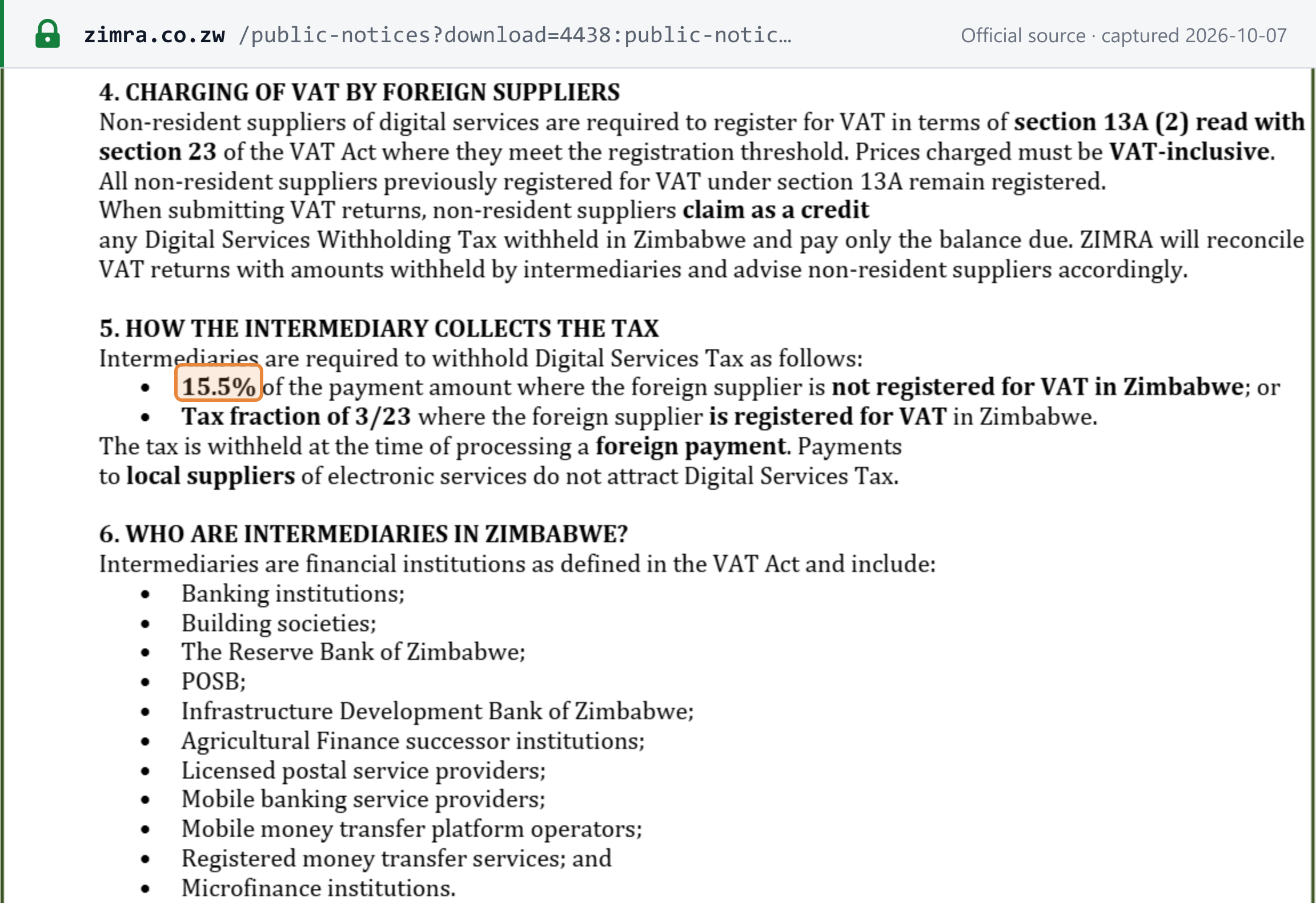 Source snapshot — ZIMRA Public Notice 05 of 2026, sections 4 and 5: non-resident suppliers register under section 13A(2) and claim withheld tax as a credit; intermediaries withhold 15.5% where the supplier is not registered, or the tax fraction 3/23 where it is