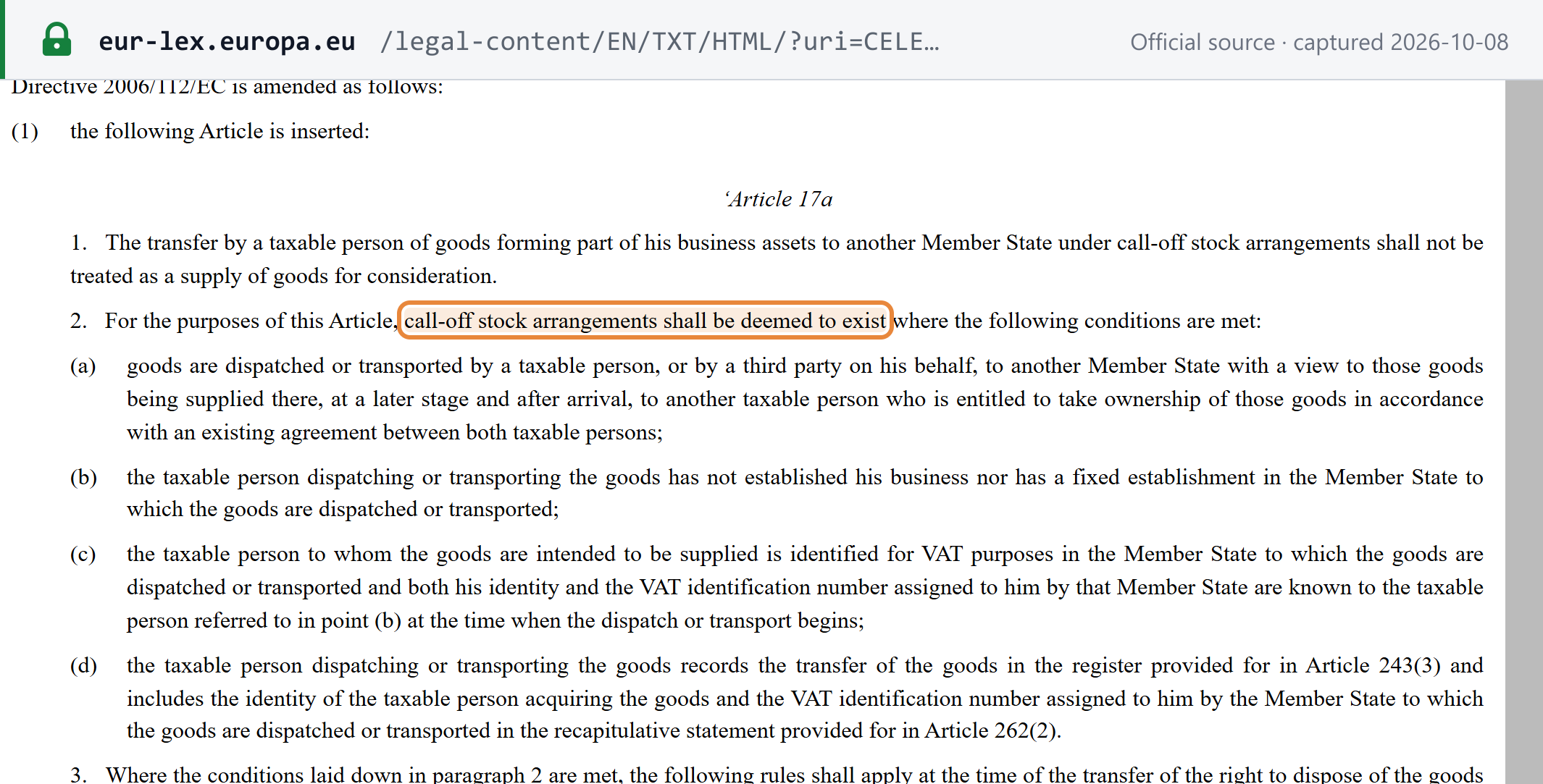 Source snapshot — Directive (EU) 2018/1910 inserting Article 17a: the transfer of goods under call-off stock arrangements "shall not be treated as a supply of goods for consideration", and the four conditions in Article 17a(2)(a) to (d)
