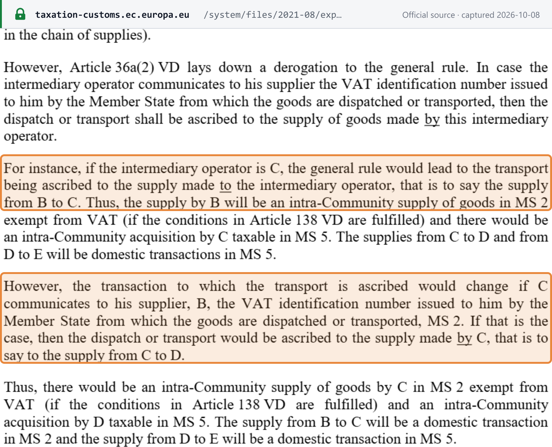 Source snapshot — Commission Explanatory Notes on the 2020 Quick Fixes, §3.5.2: where the intermediary organises the transport, the transport is ascribed to the supply made to it, or, where it communicated a departure-state VAT number, to the supply it makes; the other supplies are domestic in the departure or arrival Member State