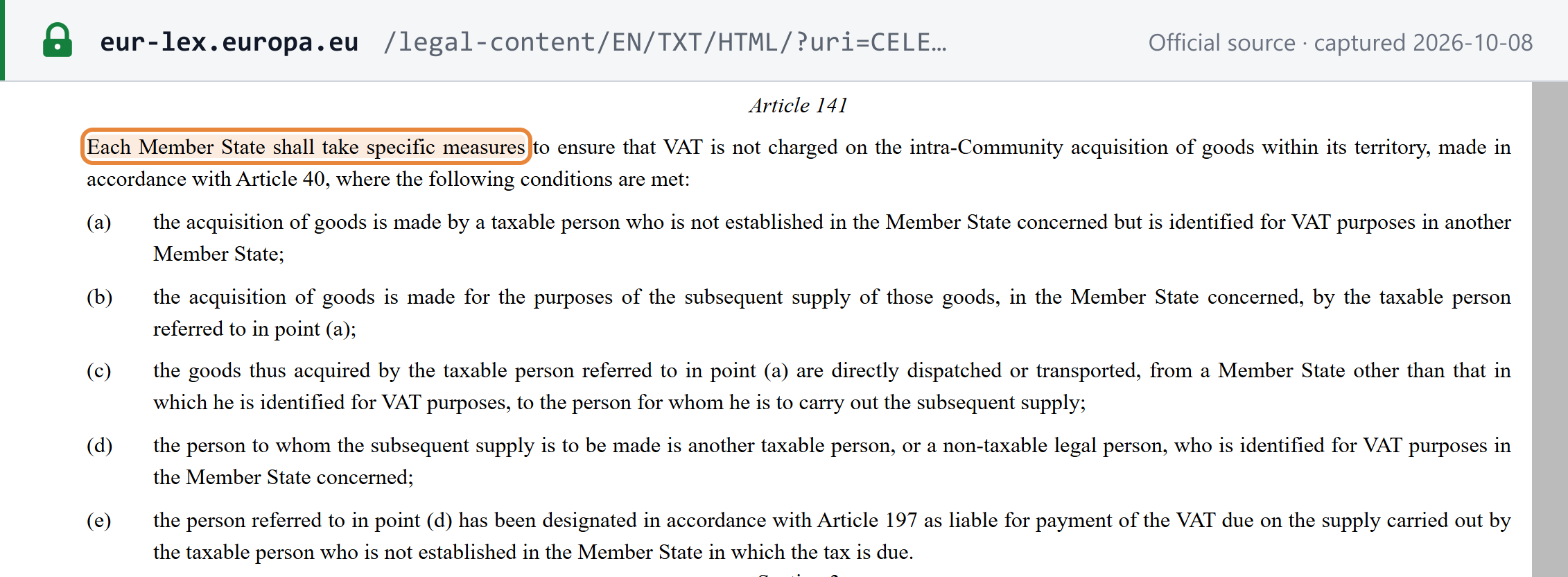 Source snapshot — VAT Directive Article 141, conditions (a) to (e)