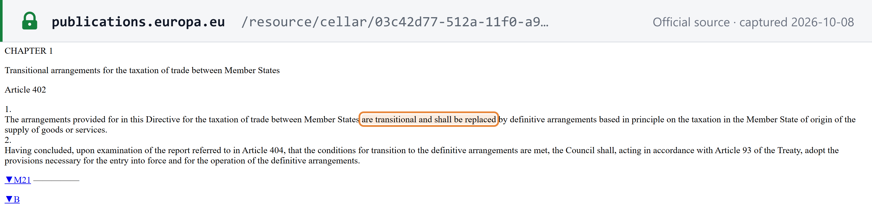 Source snapshot — VAT Directive Title XV, Chapter 1 "Transitional arrangements for the taxation of trade between Member States": Article 402 says the arrangements "are transitional and shall be replaced by definitive arrangements based in principle on the taxation in the Member State of origin", followed by the deletion marker for Directive 2018/1910