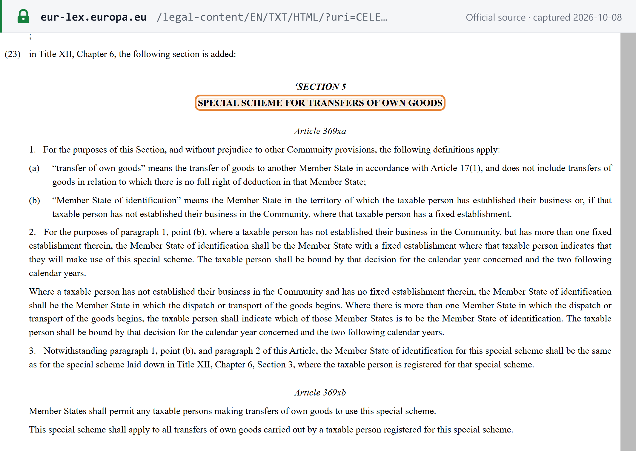 Source snapshot — Directive (EU) 2025/516, Section 5 "Special scheme for transfers of own goods": Article 369xa definitions and Article 369xb, the scheme applies to all transfers of own goods carried out by a taxable person registered for it